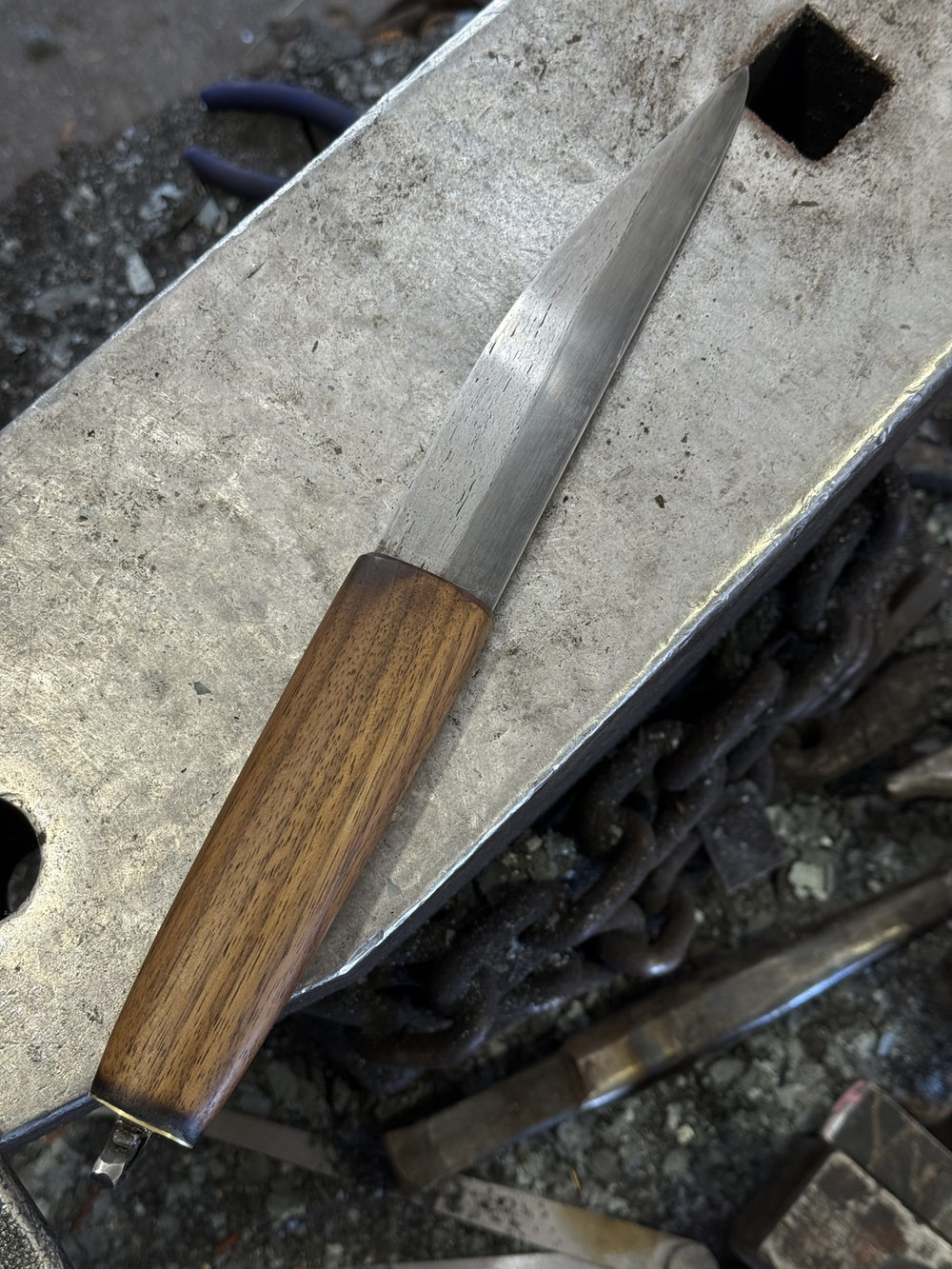 Coppergate 2756 knife with wooden handle resting on an anvil